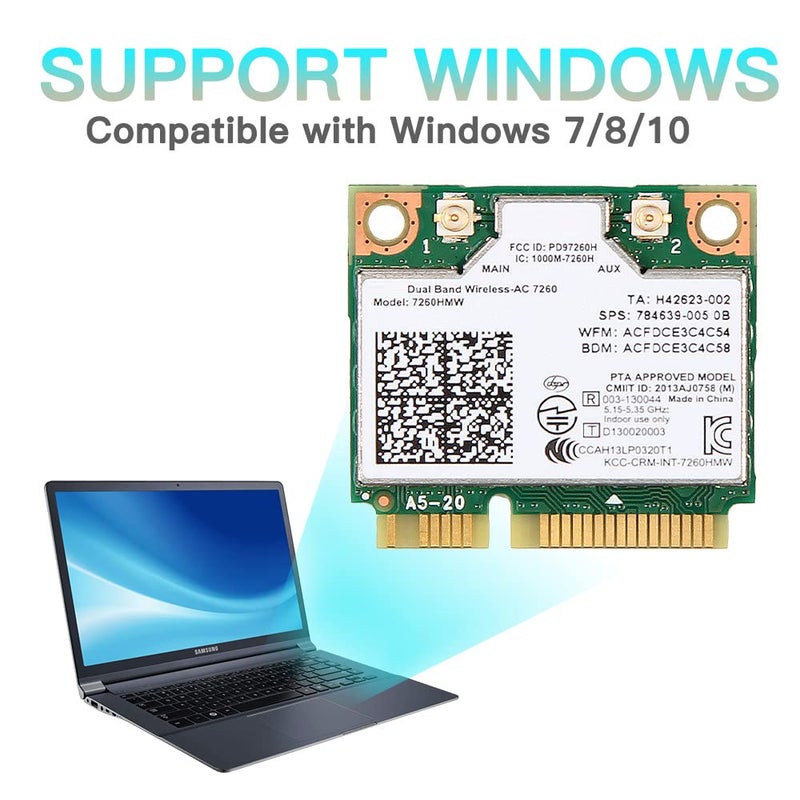REKONG بطاقة واي فاي لترقية الكمبيوتر - بطاقة شبكة Mini PCIe AC7260 ثنائية النطاق + بلوتوث 4.0 توفر واي فاي موثوق لأجهزة الكمبيوتر المكتبية القديمة وأجهزة اللابتوب القديمة، تدعم ويندوز 10/8/7 - Image 3